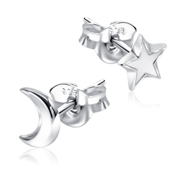 Crescent Moon and Star Shaped Silver Ear Stud STS-5526
